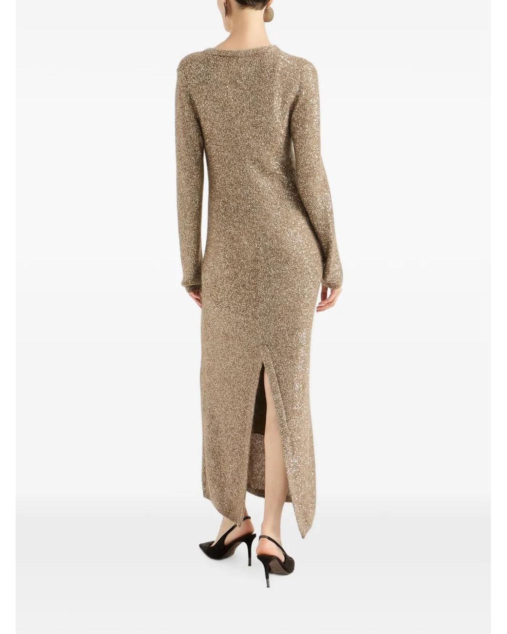 Brunello Cucinelli Natural Mohair And Wool Dazzling Texture Knit Dress With Monili