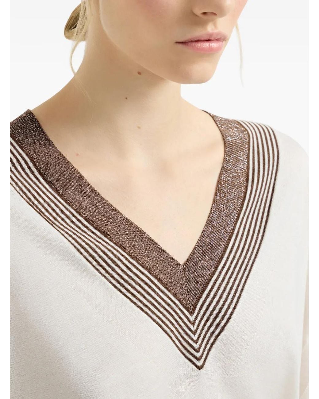 Pull Rayé À Col V Brunello Cucinelli en coloris White