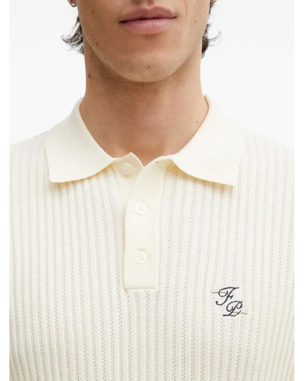Filling Pieces White Ribbed-Knit Embroidered-Logo Polo Shirt for men