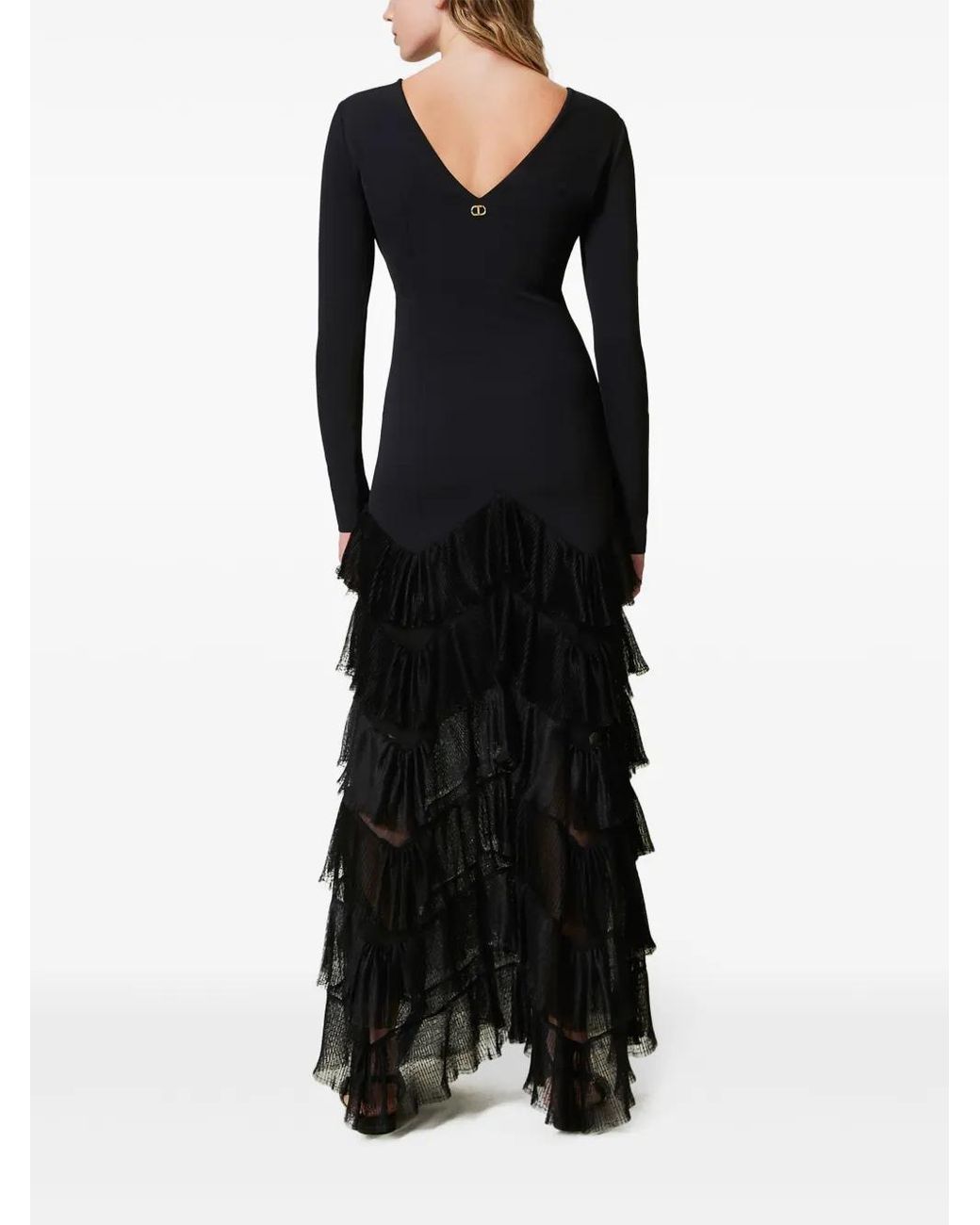 Twinset Black Pleated Tulle Flounces Maxi Dress