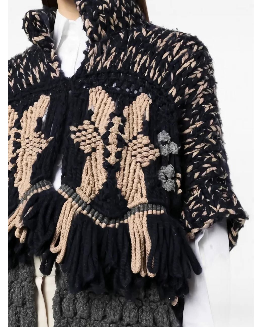 Brunello Cucinelli Black Floral-Intarsia Chunky-Knit Cardigan