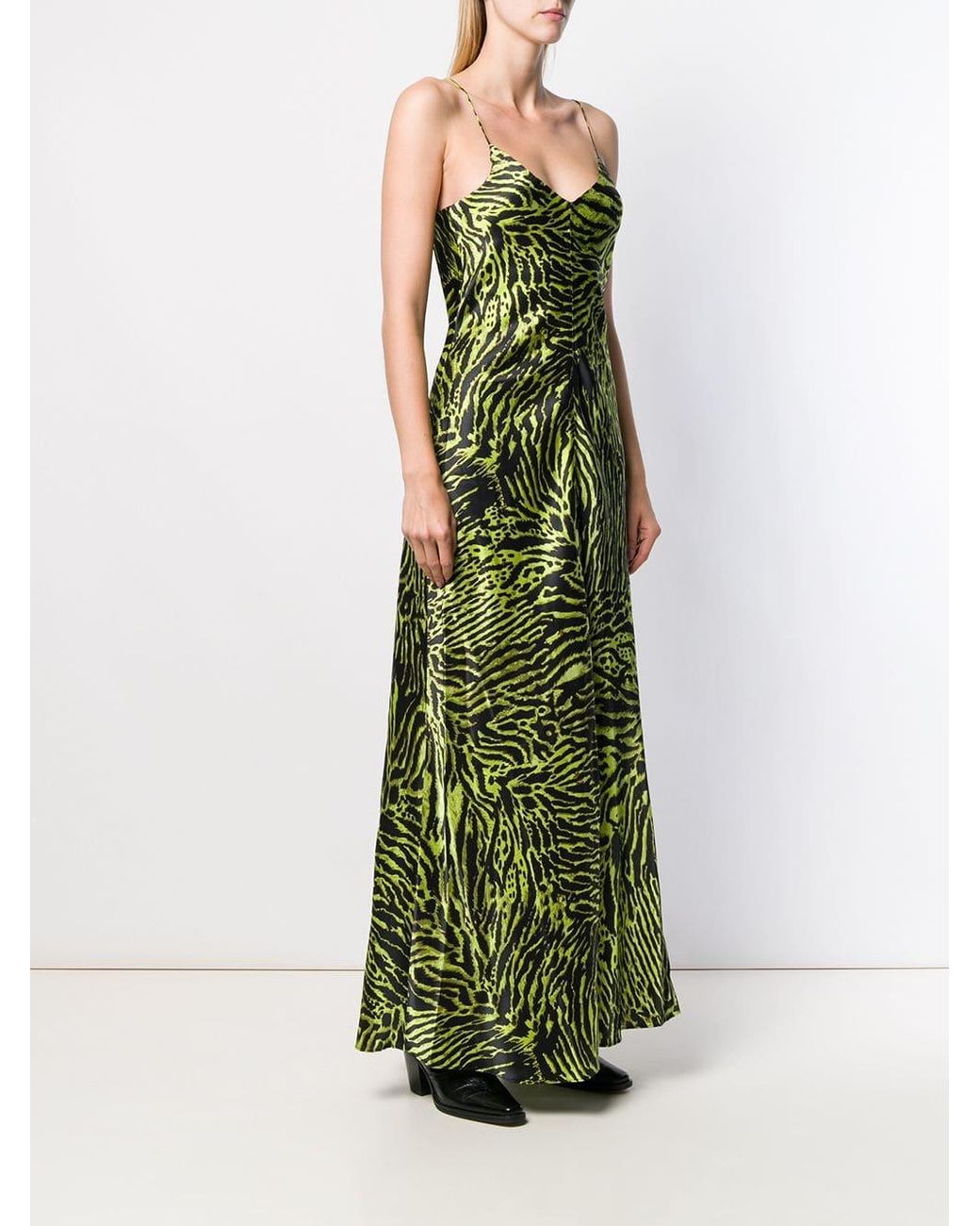 chinese dress ladies Ganni // Black & Green Silk Print V-Neck Dress  VSP Consignment