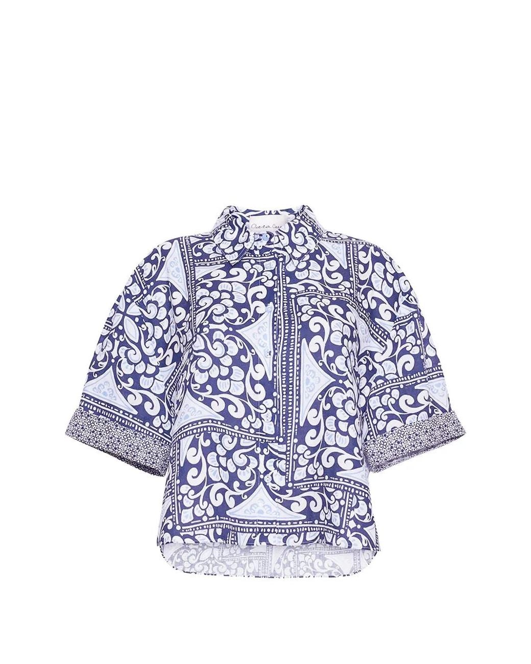 Cara Cara Blue Tile-Print Linen Top