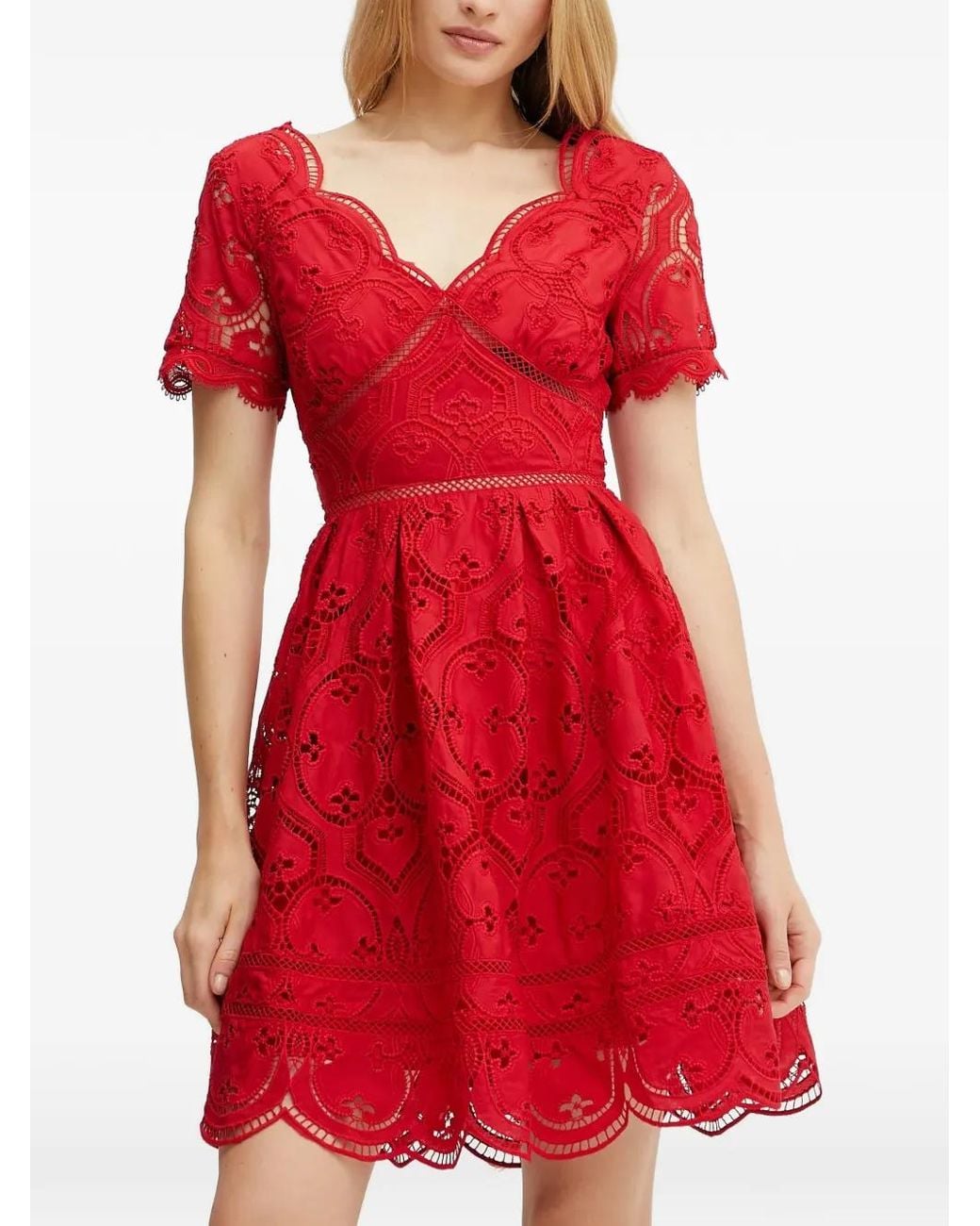 Morgan Red Scalloped-Trim V-Neck Mini Dress