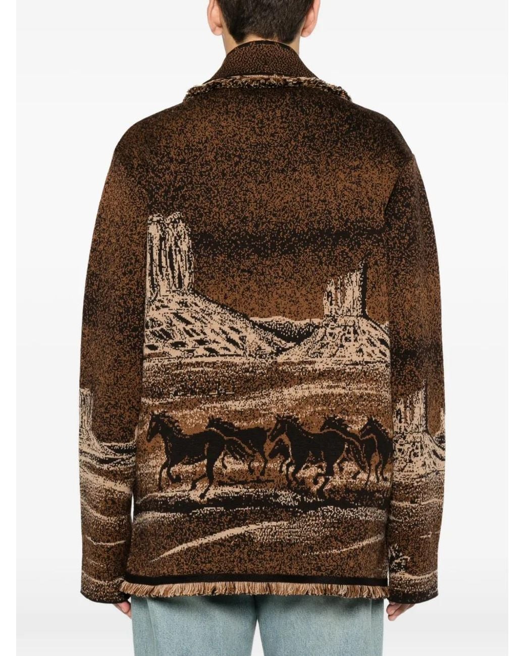 Alanui Brown Landscape-Pattern Fringed Jacket for men