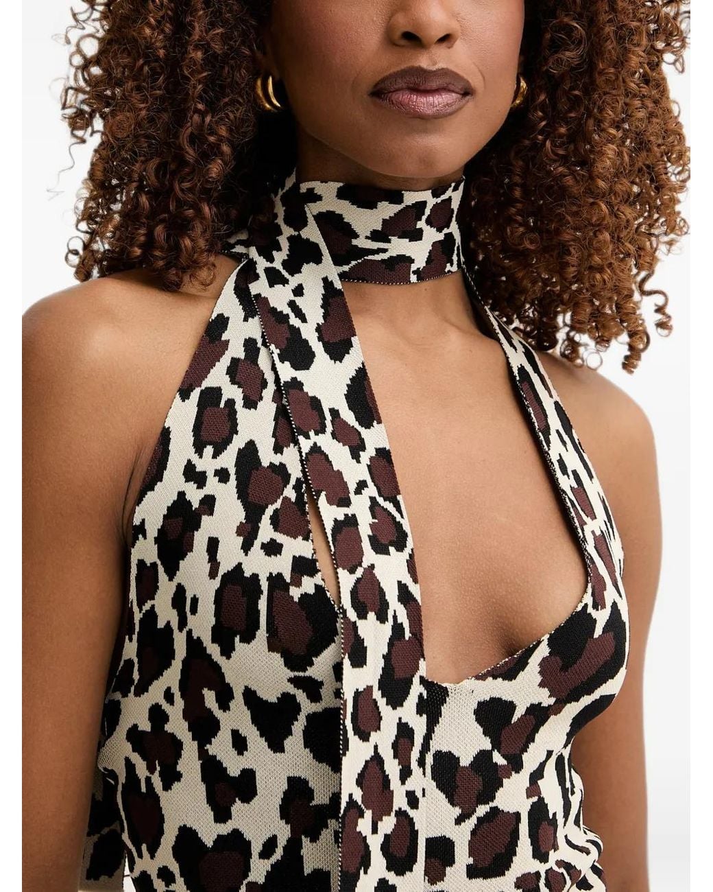 Silvian Heach White Leopard-Print Halterneck Maxi Dress