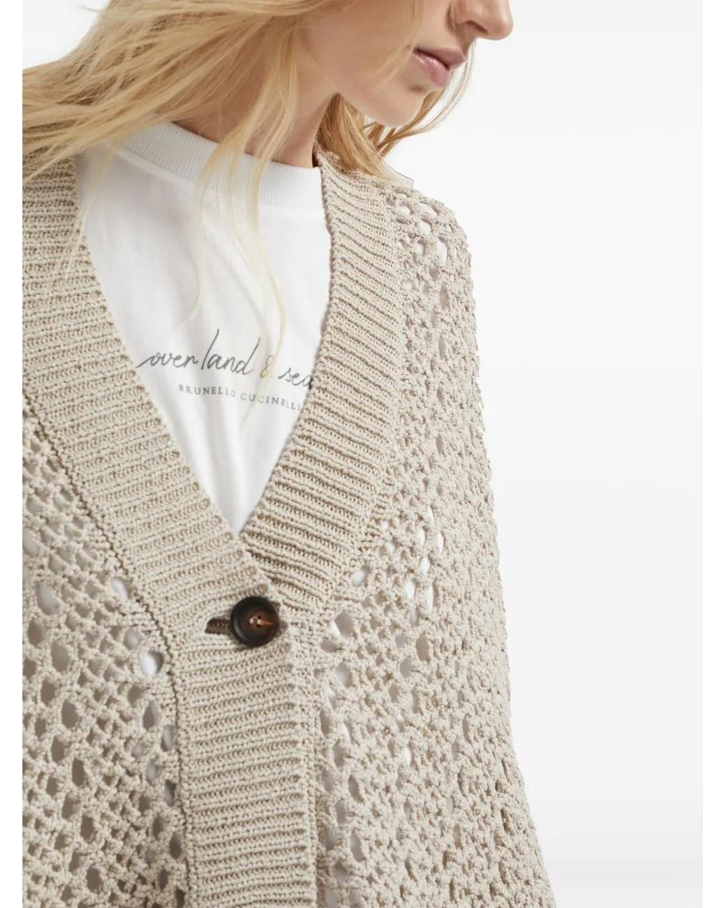 Brunello Cucinelli Natural V-Neck Open-Knit Cardigan