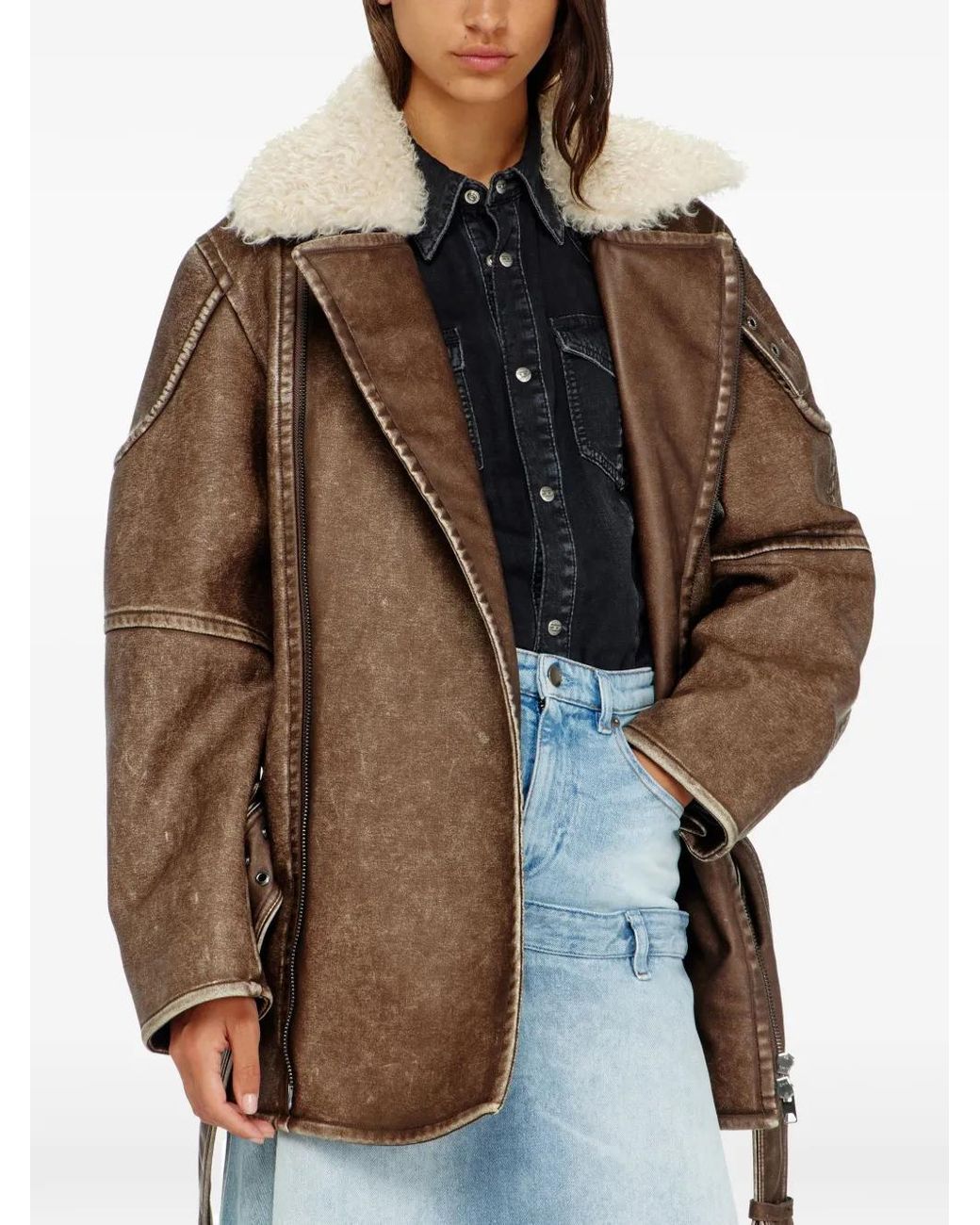 DIESEL Brown Distressed Leather Coat With Plush Shearling Collar