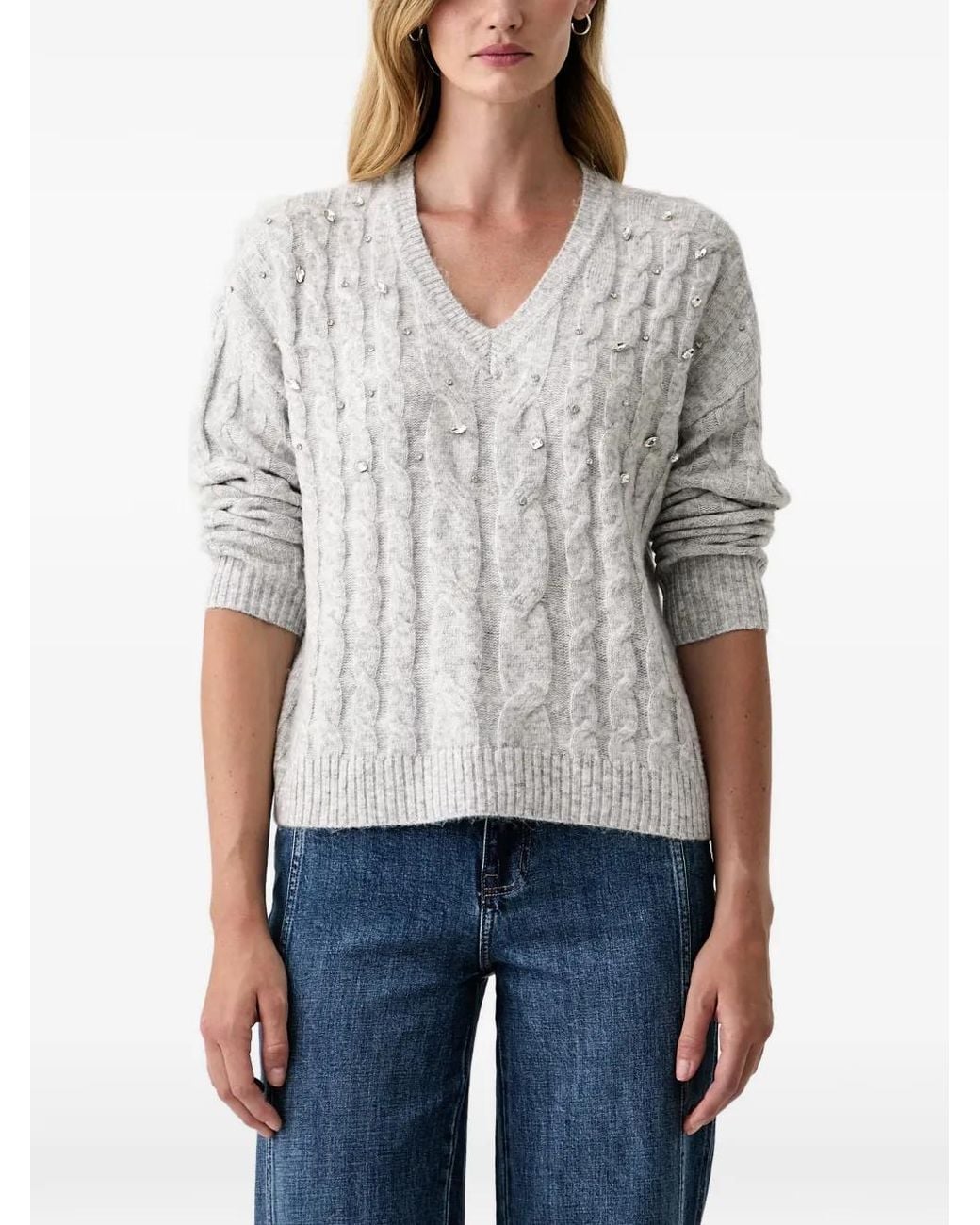 DKNY White Crystal-Embellished Cable-Knit Sweater