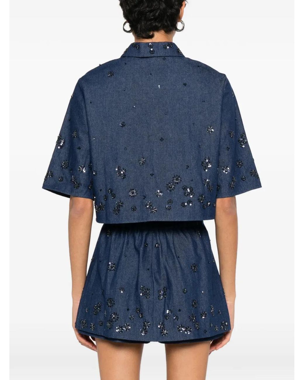 Maje Blue Embroidered Cropped Denim Shirt