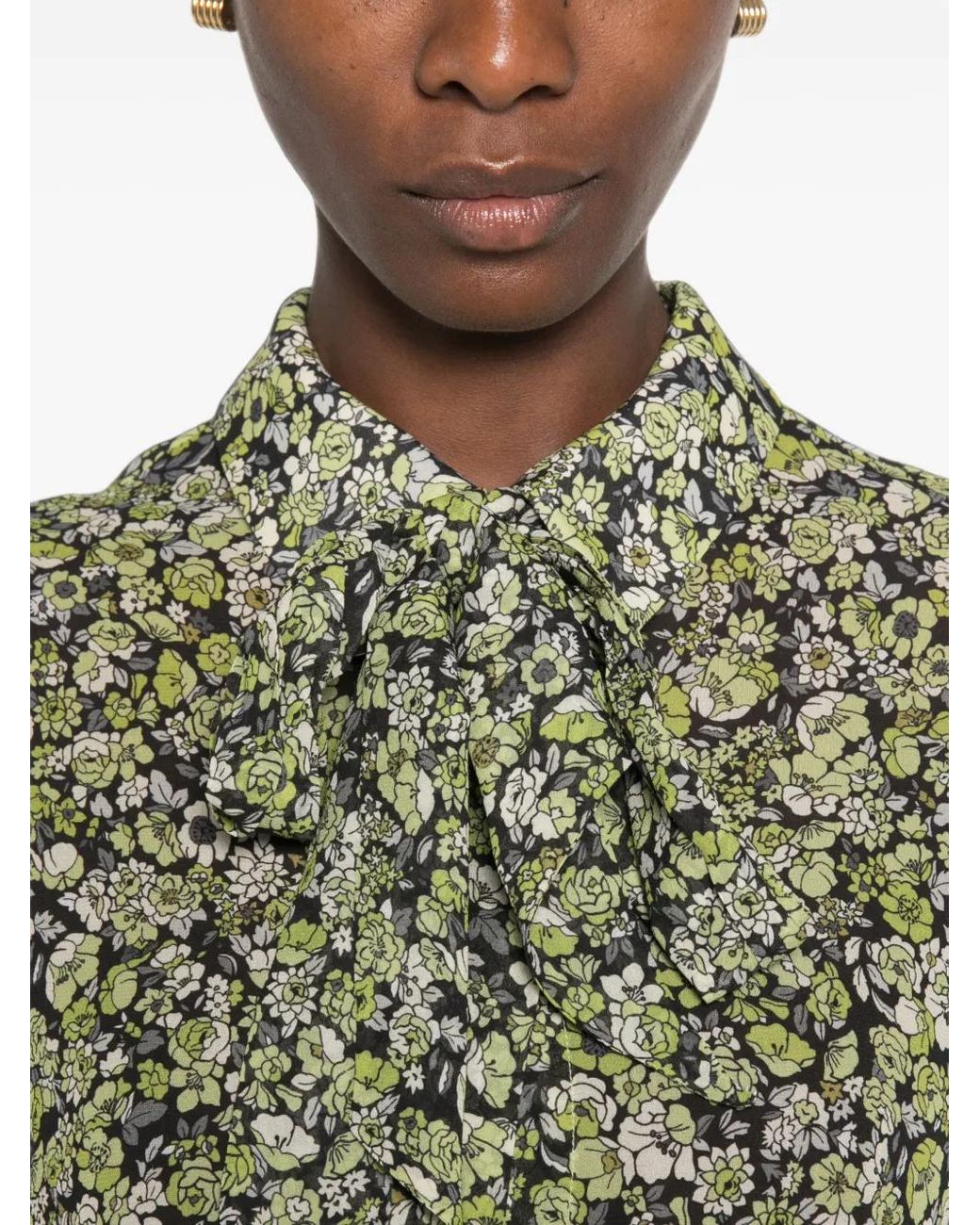 Niu Green Floral-Print Pussy-Bow Blouse