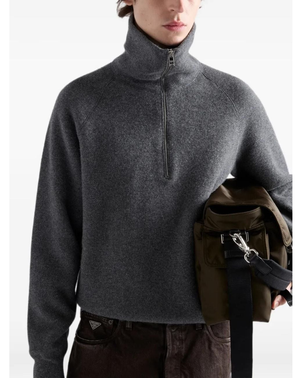 Prada Gray Wool And Cashmere Polo Sweater for men