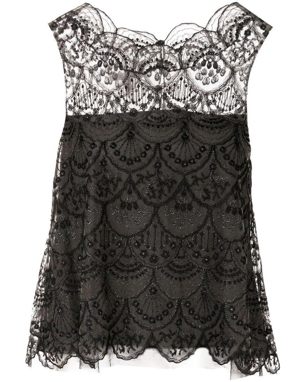 Shiatzy Chen Black Blouse Sans Manches À Superposition En Dentelle
