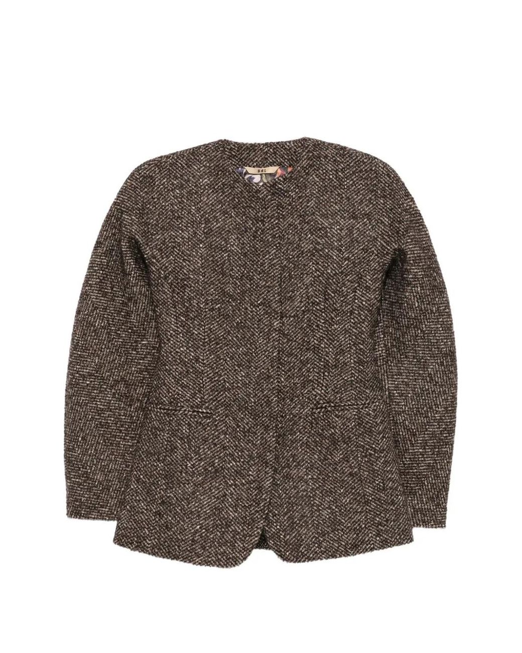 Bazar Deluxe Brown Herringbone-Pattern Collarless Jacket