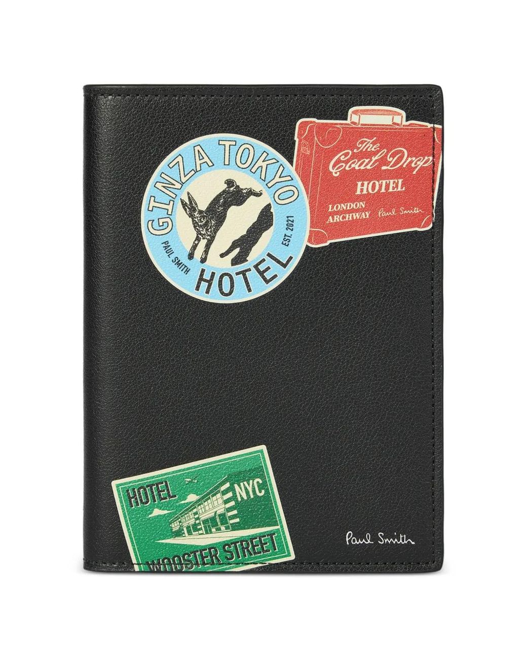 Paul Smith Green Hotel Stickers Leather Passport Holder for men