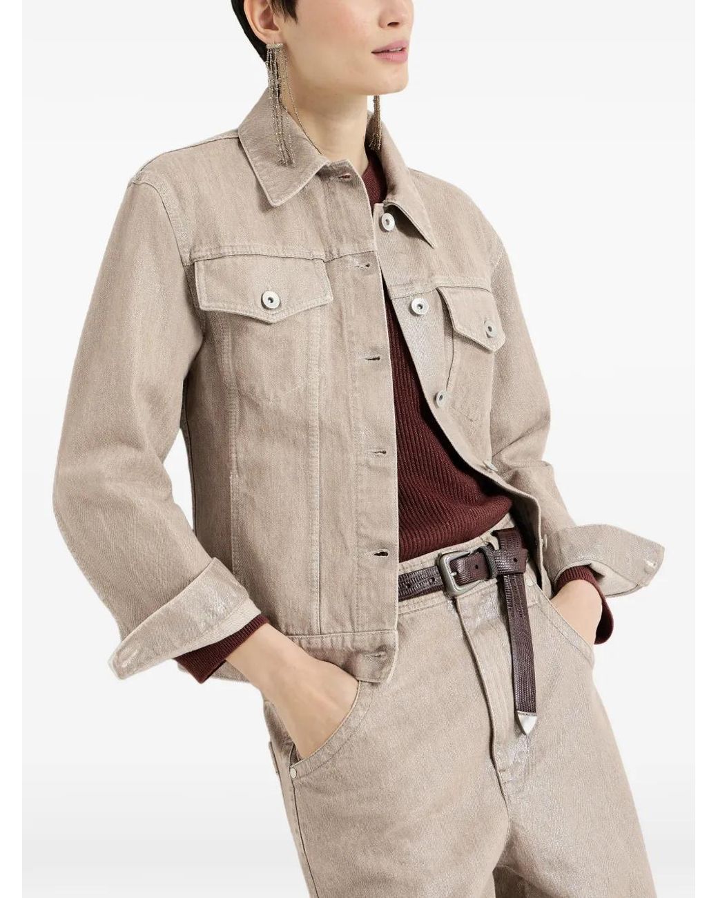 Brunello Cucinelli Natural Lamé Denim Four-Pocket Outerwear Jacket With Monili