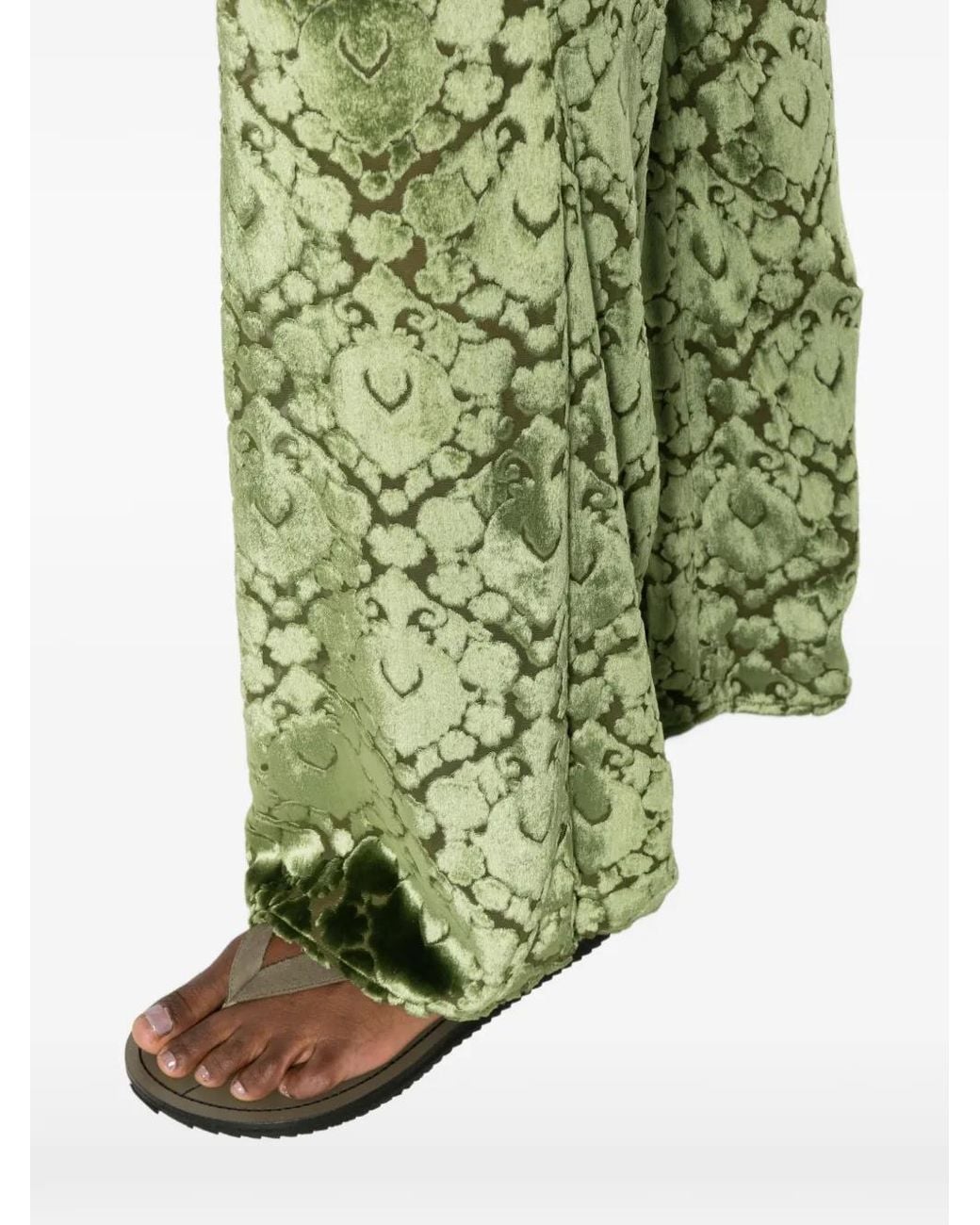 Forte_forte Green Damask-Patterned Flared Trousers