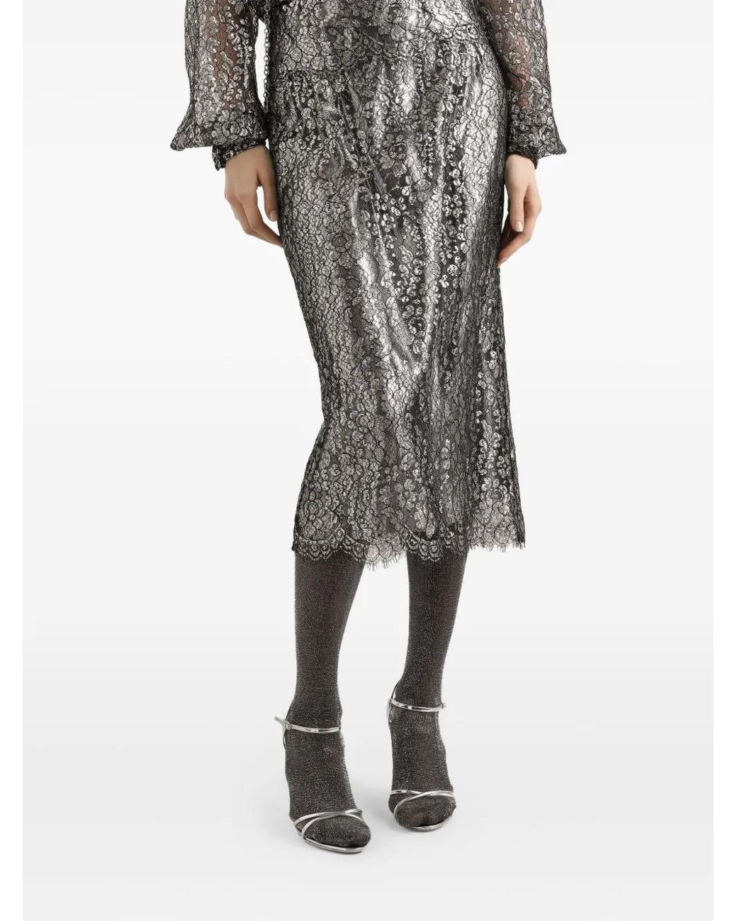 Dolce & Gabbana Gray Lamé Lace Midi Skirt