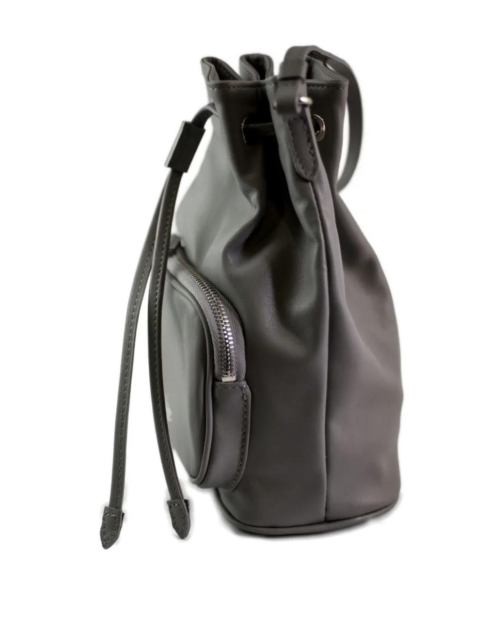 LA ROSE Black Drawstring Zip Leather Bucket Bag