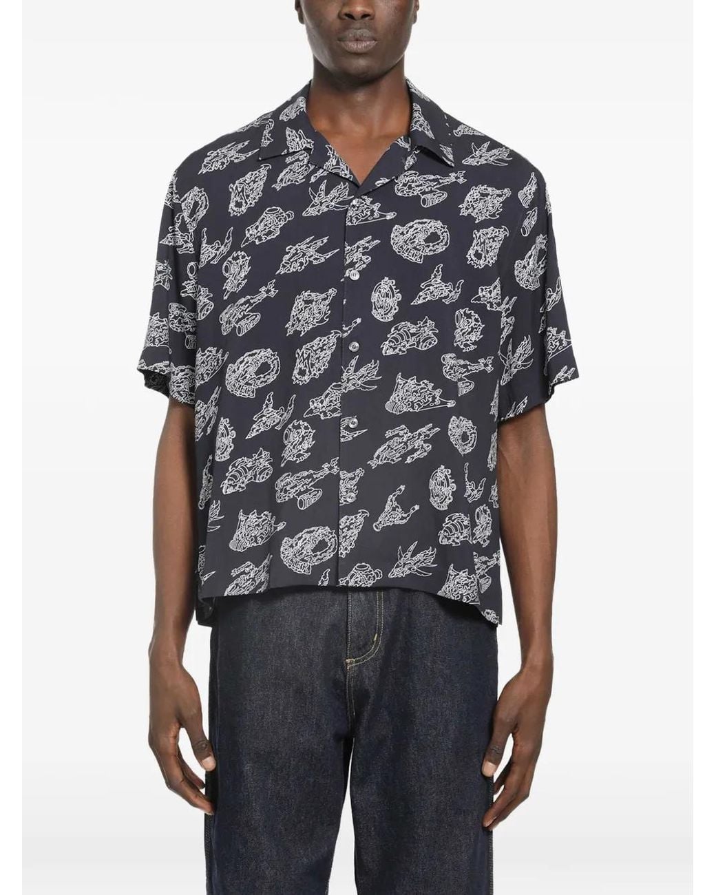 Moncler Blue Chemise Imprimée À Manches Courtes for men