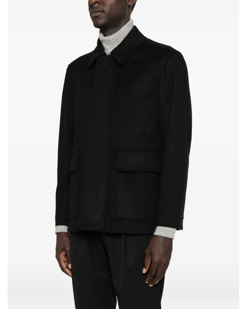 Lardini Black Patch-Pocket Collared Coat for men