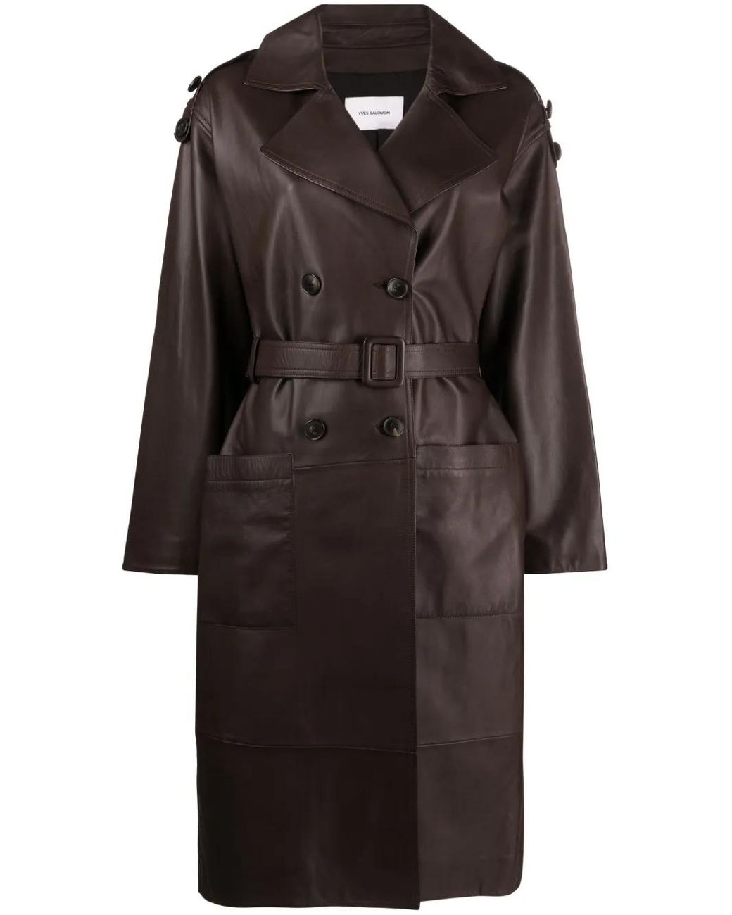 Yves Salomon Black Double-Breasted Leather Trench Coat