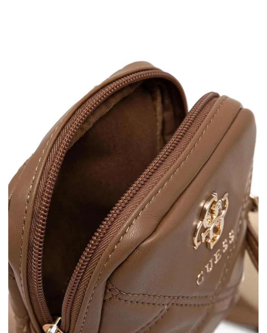 Guess Brown Quilted Logo-Plaque Phone Bag