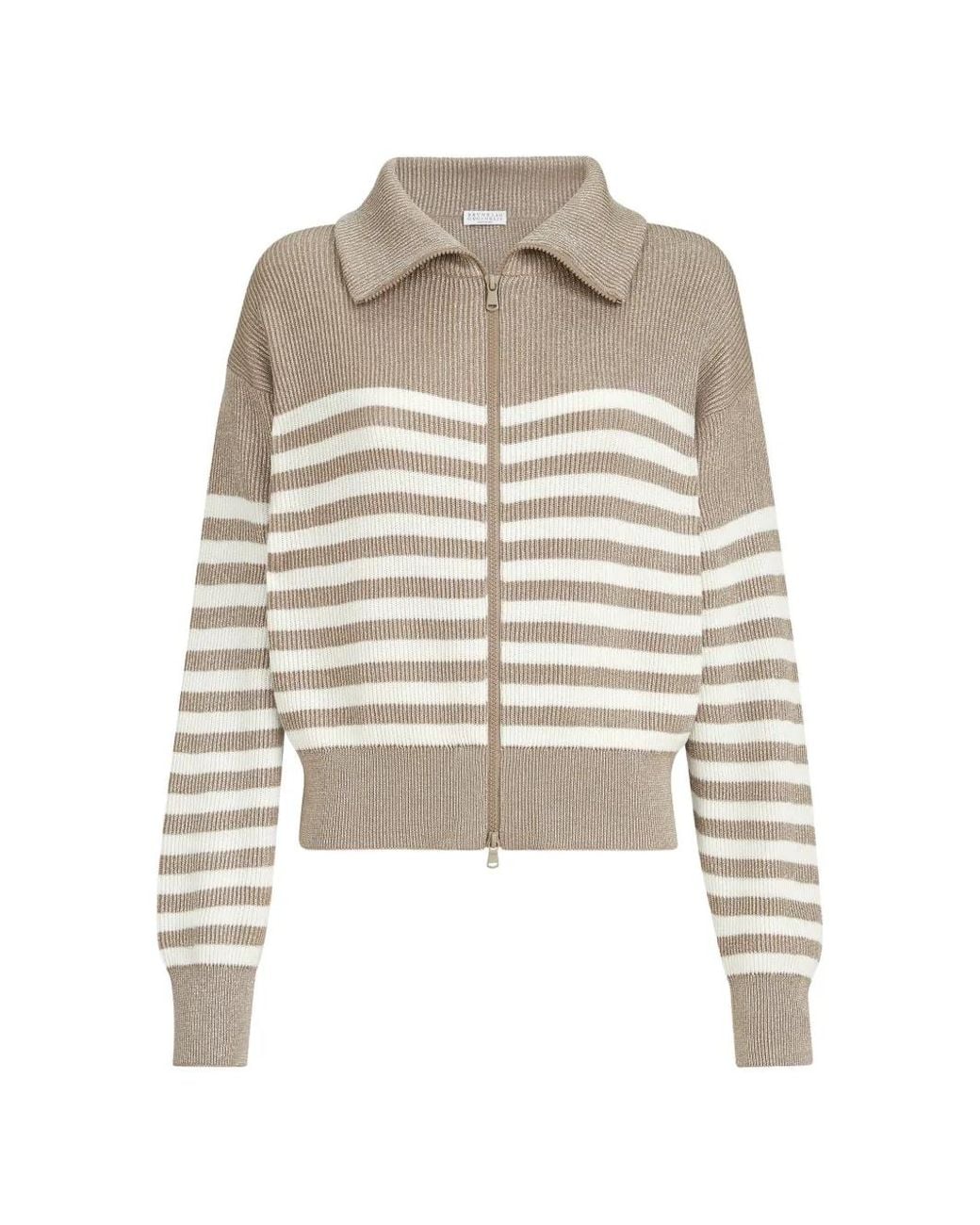 Brunello Cucinelli White Sparkling Cotton Striped English Rib Cardigan With Zipper And Monili