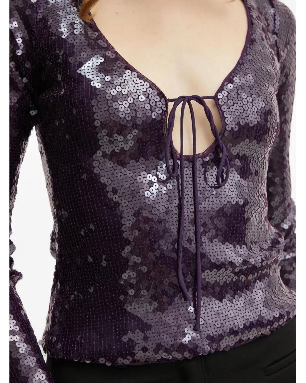Bardot Purple Sequinned Tie-Neck Top