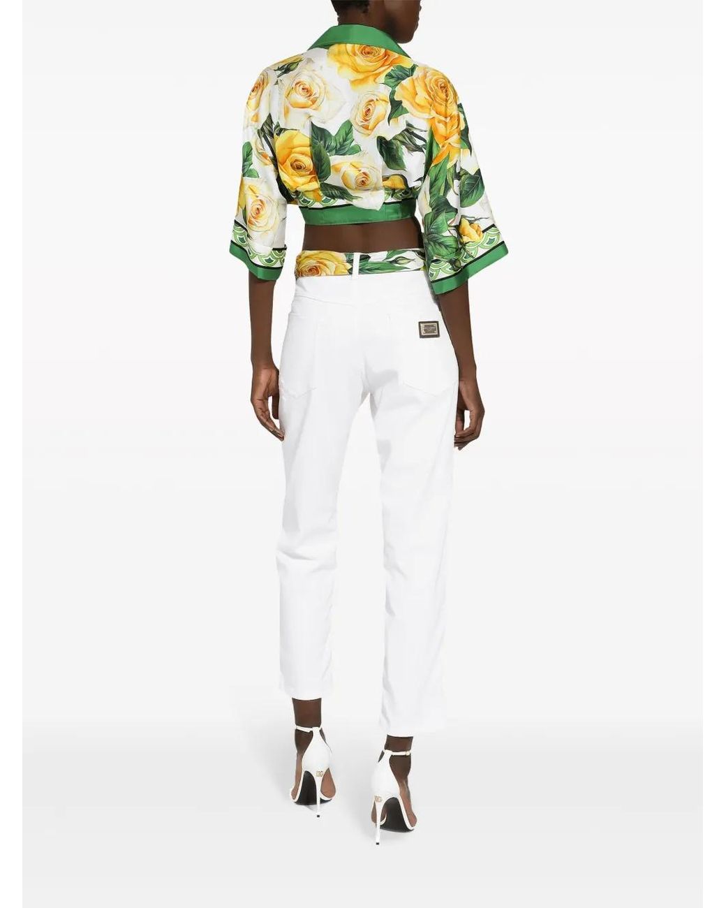 Dolce & Gabbana Yellow Rose-Print Cropped Silk Shirt