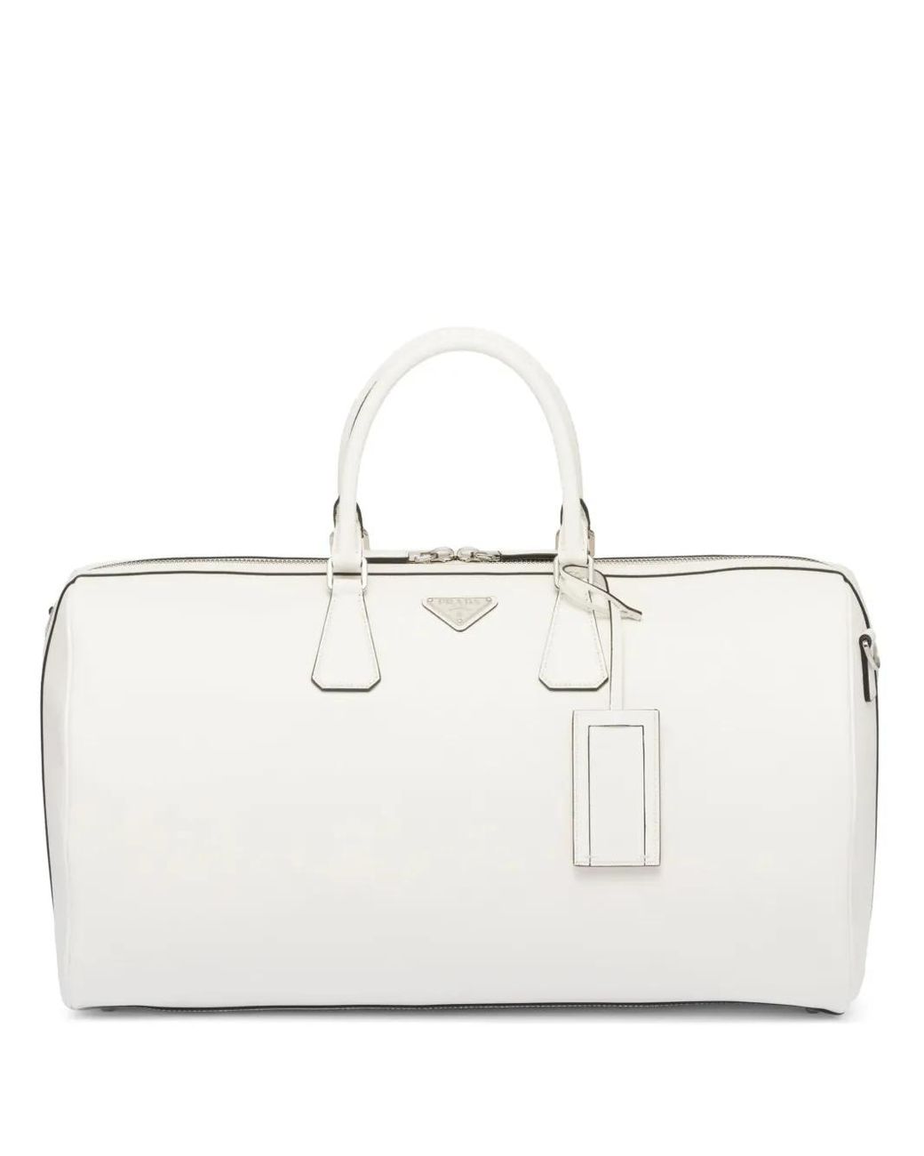 Prada White Triangle-Logo Leather Duffle Bag