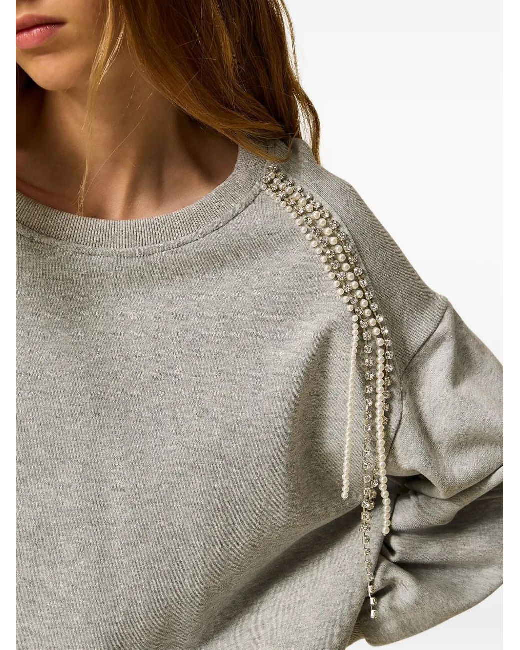 Twinset White Rhinestone-Chain Cotton Sweatshirt