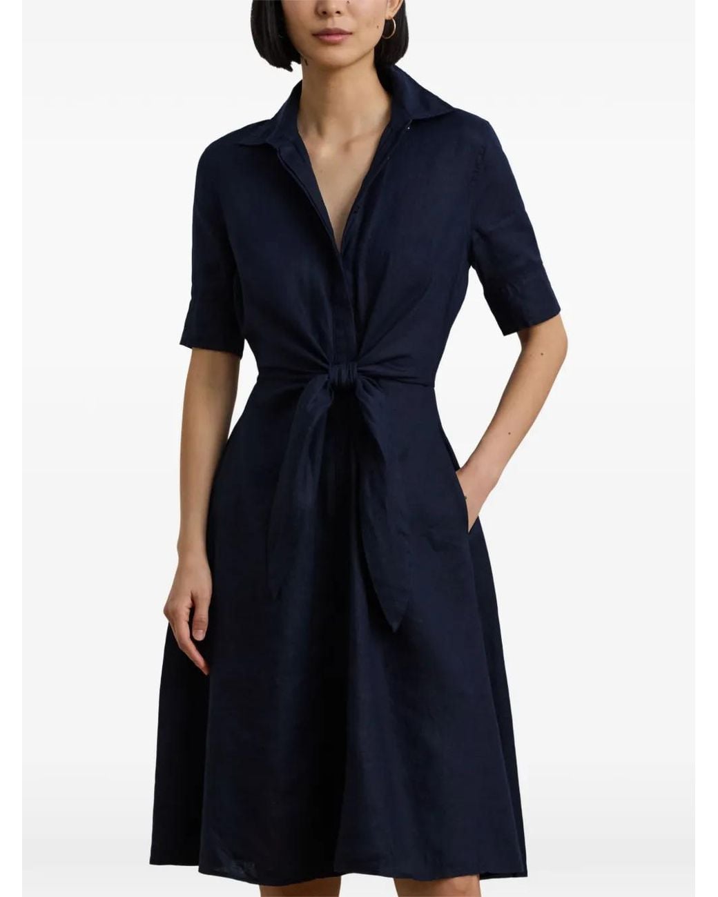 Ralph Lauren Blue Robe-Chemise En Lin À Taille Nouée