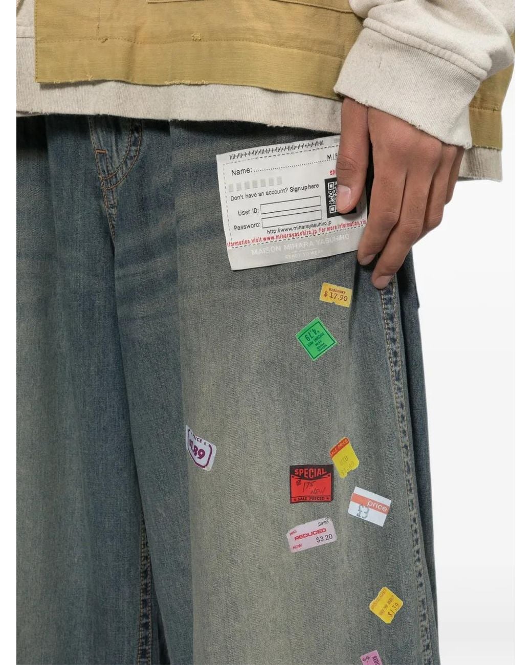 Maison Mihara Yasuhiro Blue Price Tag Sticker-Printed Wide Denim Pants for men