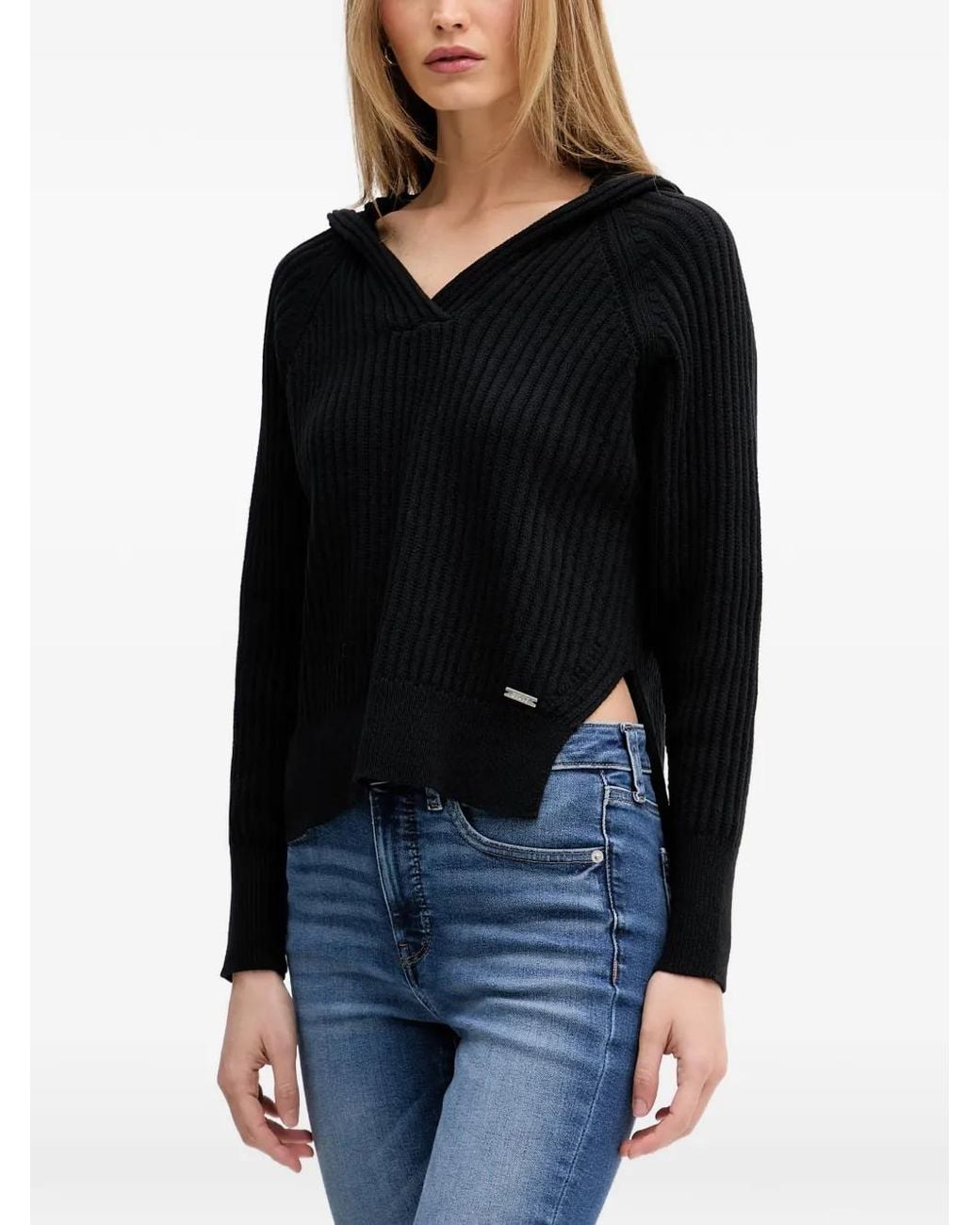 DKNY Black Ribbed-Knit Hooded Sweater