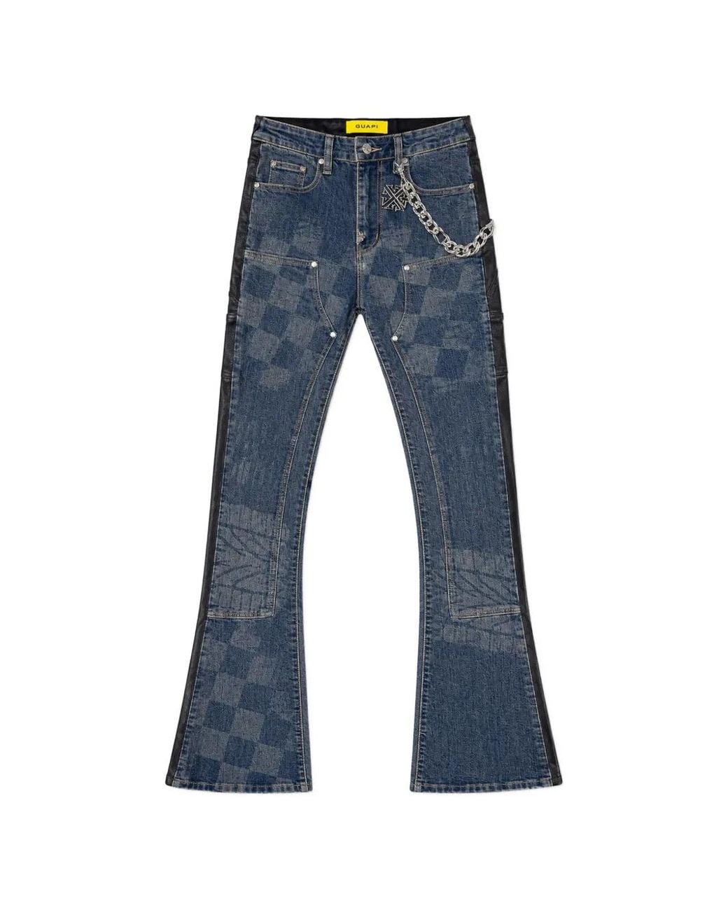 GUAPI Blue Checkerboard-Print Panelled Jeans for men