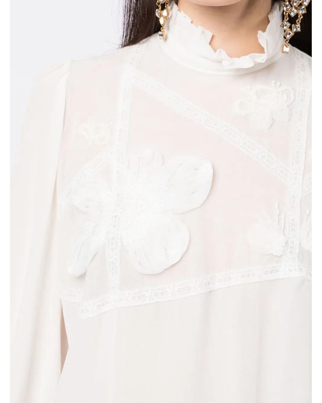 Shiatzy Chen White Floral-Appliqué Crop-Sleeve Blouse