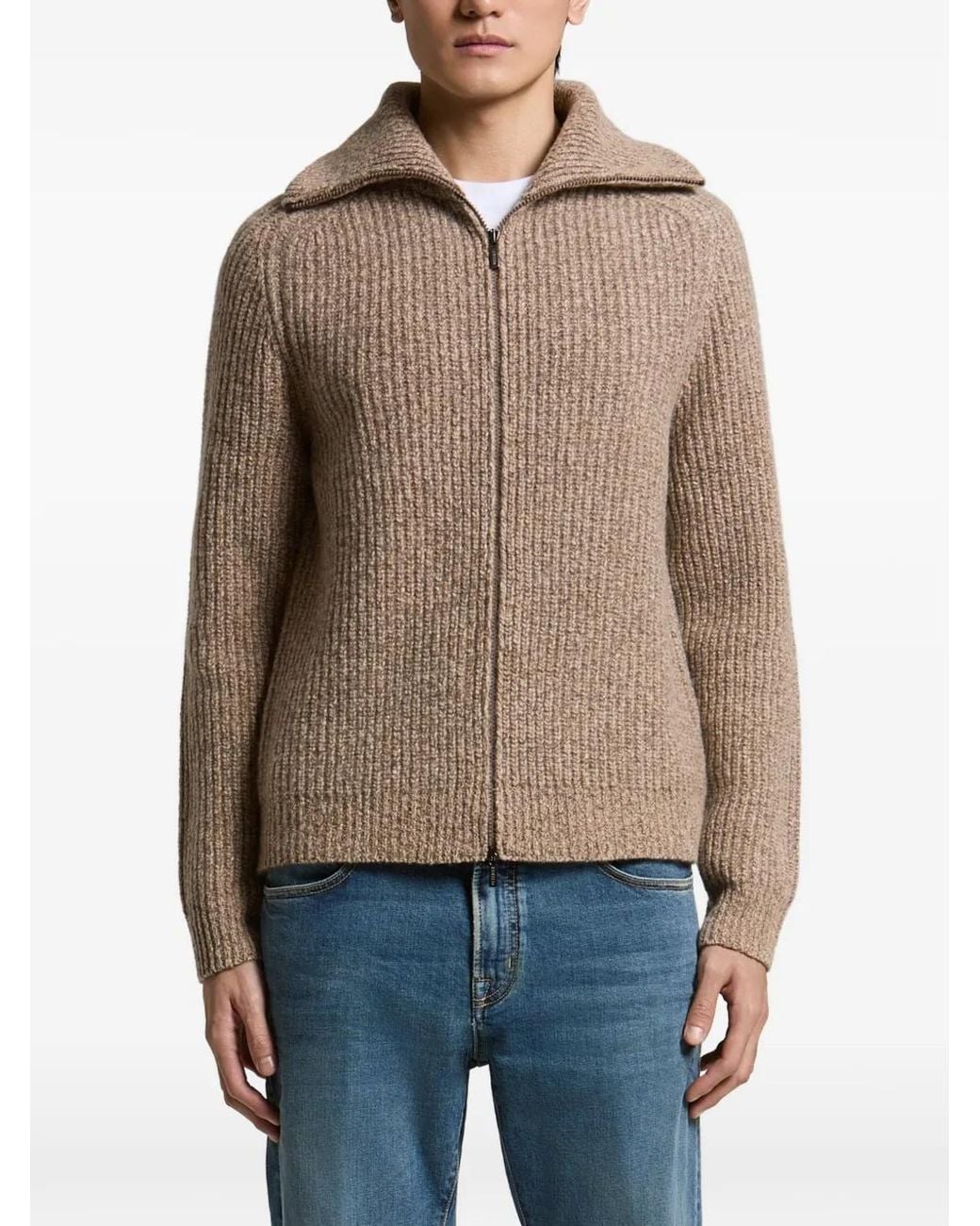 Peserico Blue Ribbed-Knit Zip-Up Cardigan for men