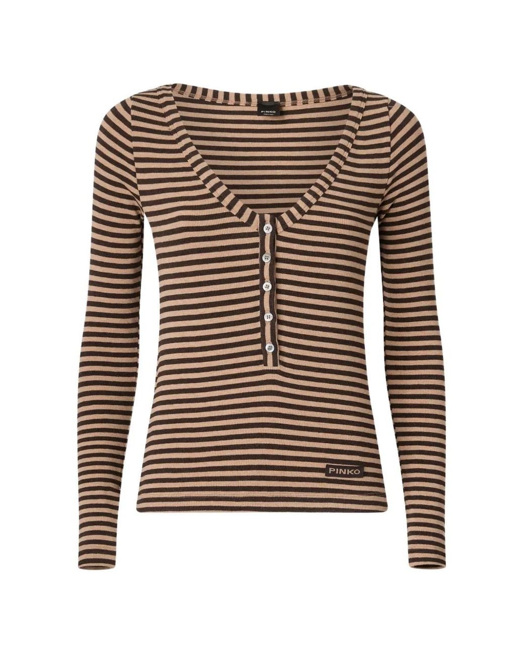 Pinko Brown Striped Wool-Blend Henley Sweater