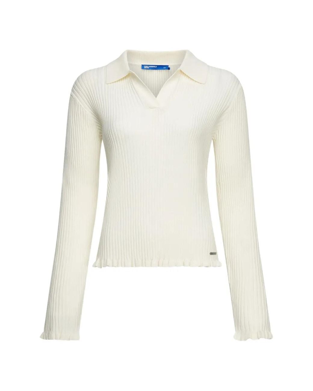 Karl Lagerfeld White Ribbed-Knit Ruffled-Hem Top