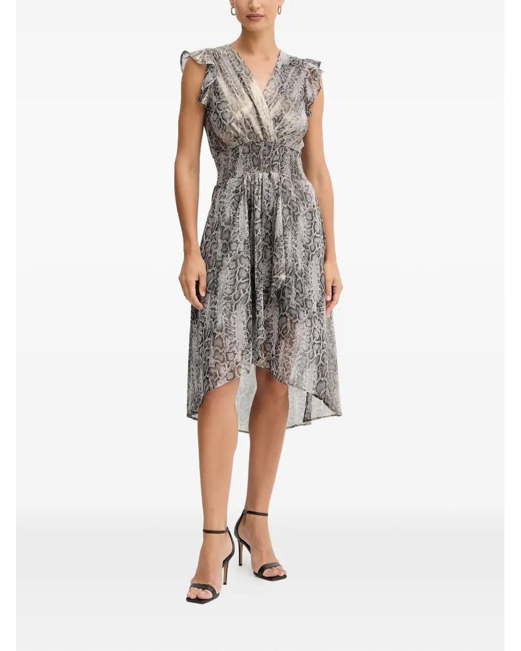 Morgan Gray Ruffled Reptile-Print Midi Dress