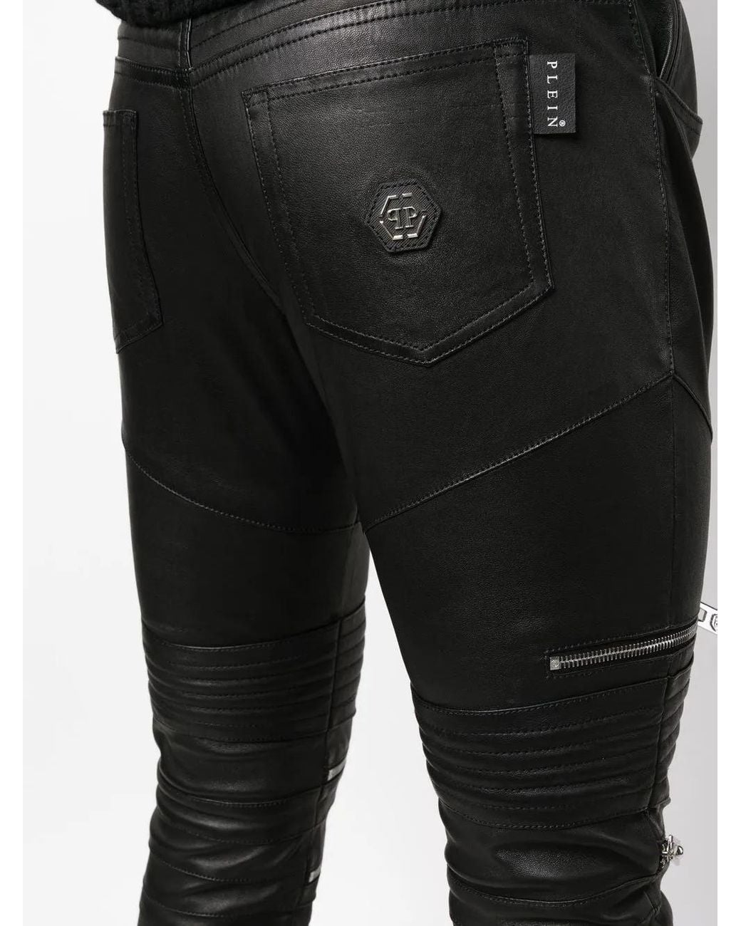 Philipp Plein Black Zippered Leather Biker Trousers for men