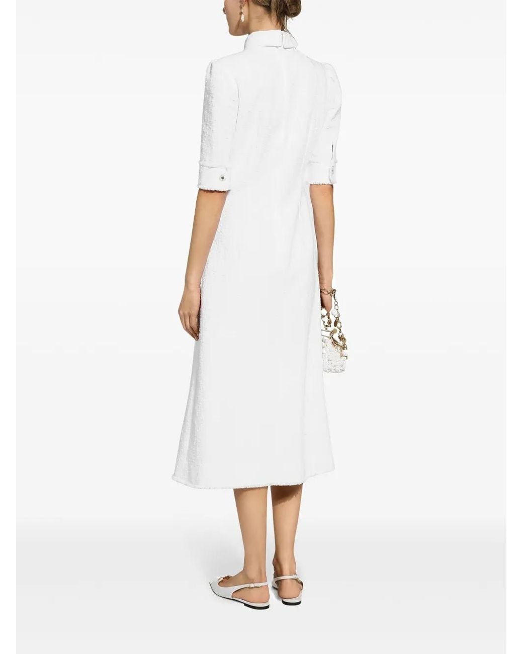 Dolce & Gabbana White Raschel Tweed Calf-Length Dress