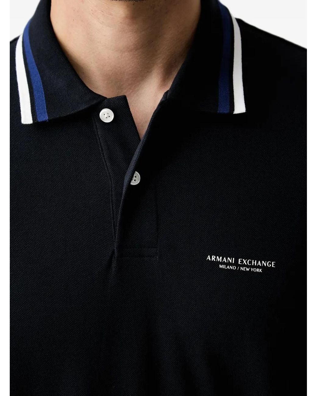 ARMANI EXCHANGE Black Logo-Print Tipped Polo Shirt for men