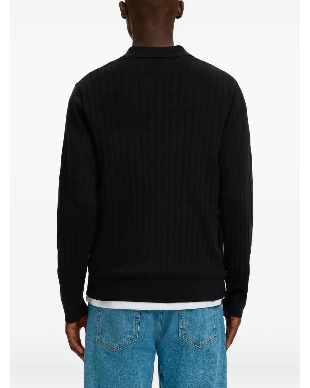 SELECTED Black Ribbed-Knit Polo Sweater for men