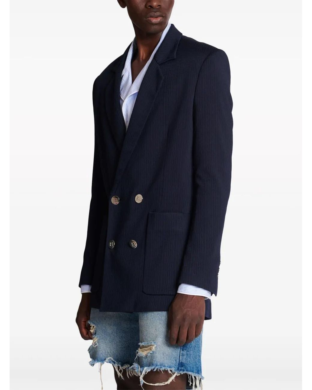 Balmain Blue Monogram-Pattern Double-Breasted Blazer for men