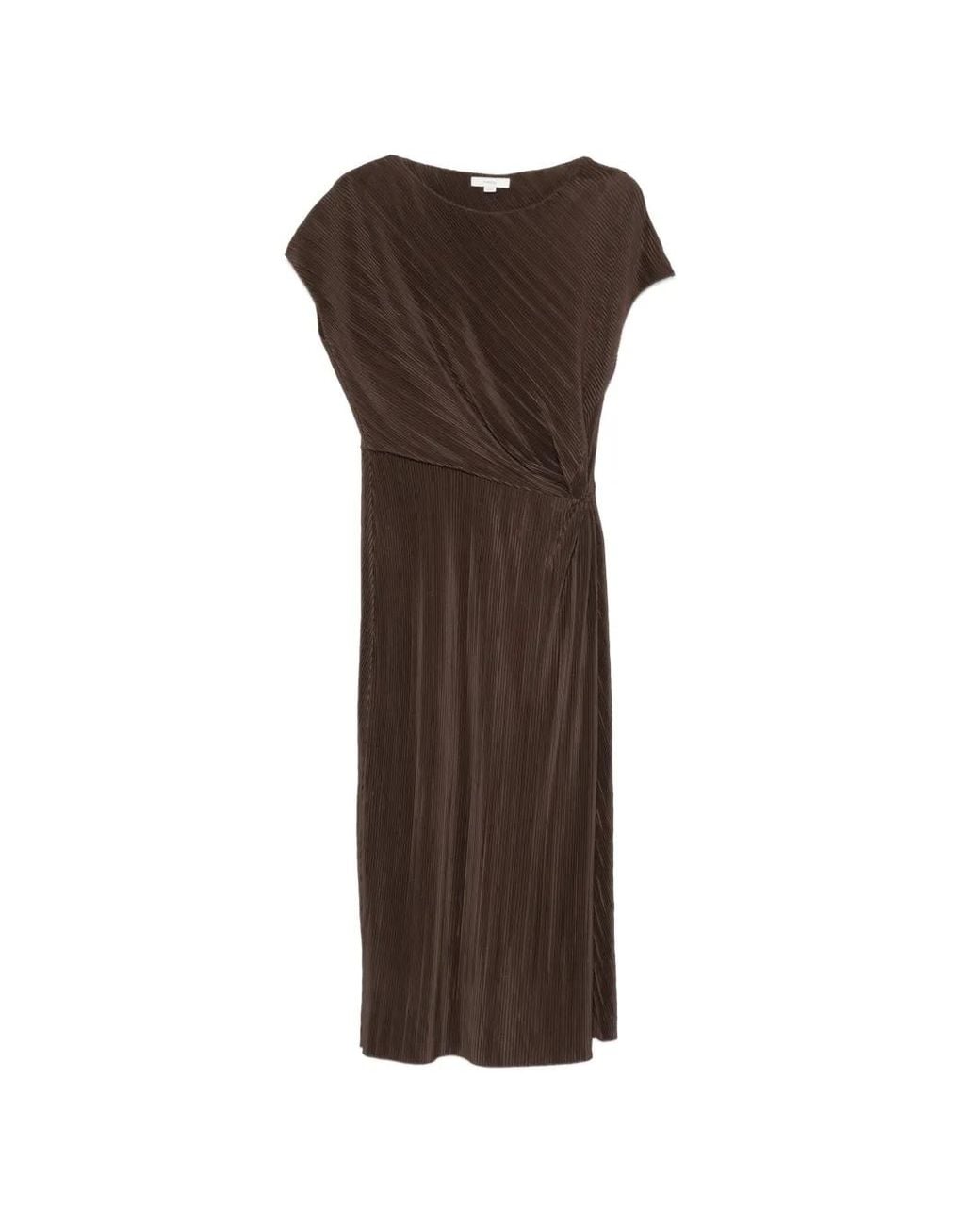 Vince Brown Pleated Twist-Detail Midi Dress