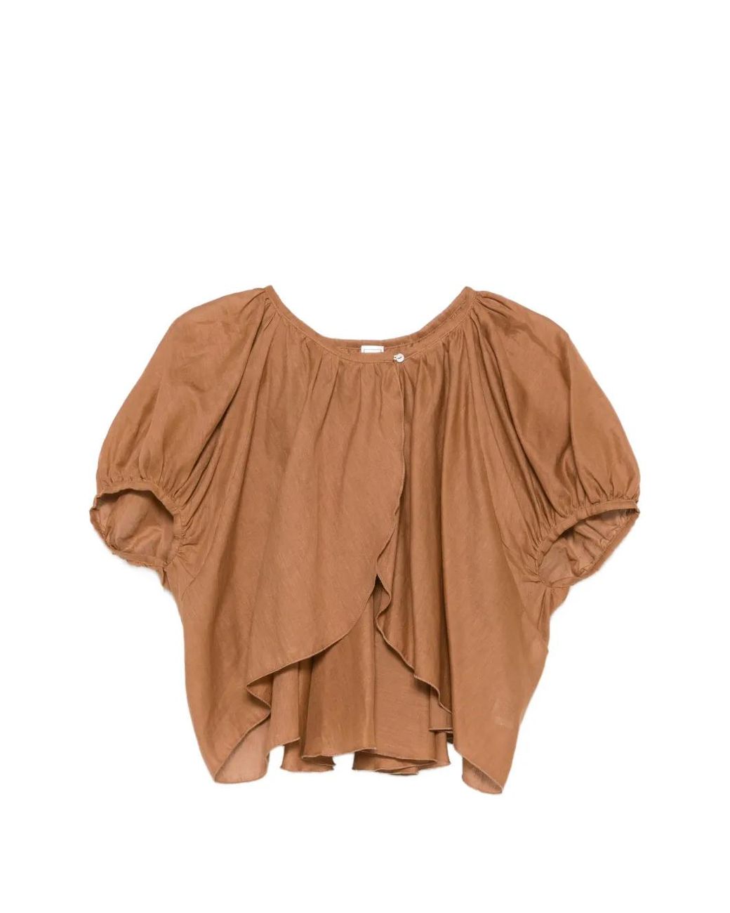 120% Lino Brown Blouse À Manches Bouffantes