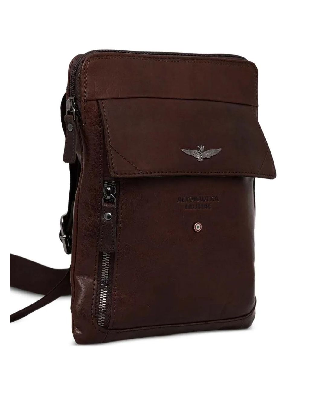 Aeronautica Militare Brown Flap-Pocket Leather Messenger Bag for men