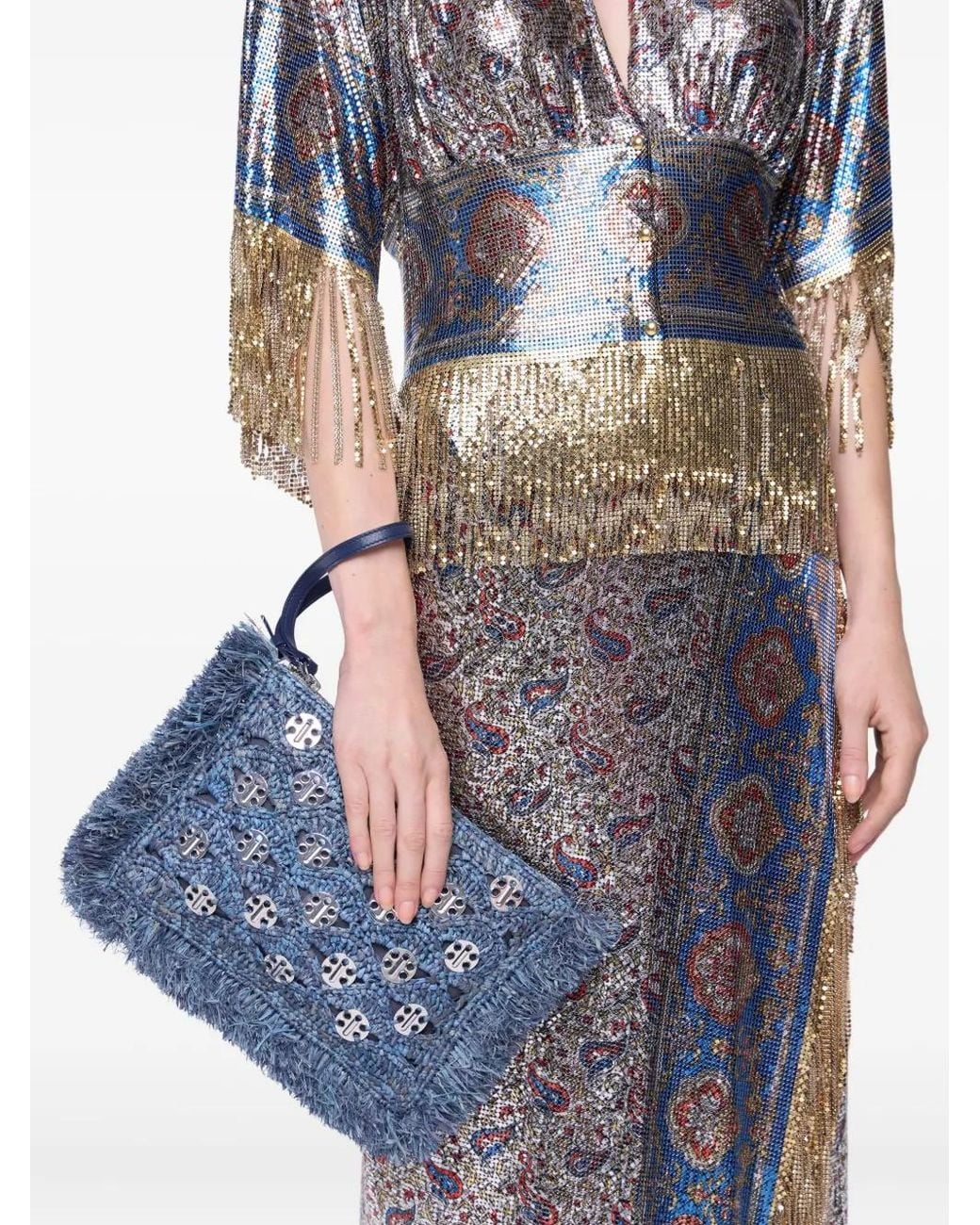 Rabanne Blue Denim Raffia Pouch